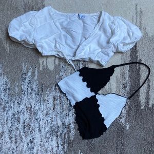 Crop top bundle – 2 tops (corset-like knit halter + tie front blouse)